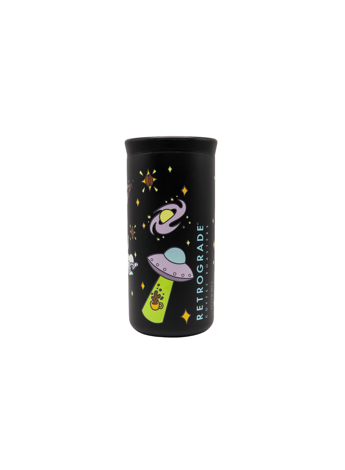 Black tumbler with space-themed design of planets, ufo, coffee cup, coffee beans and stars and 'Retrograde' branding on a white background