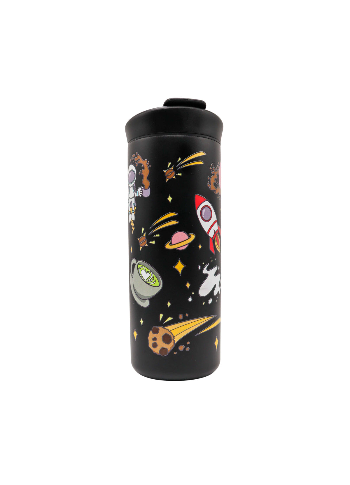 Black insulated coffee tumbler with space-themed illustrations of planets, coffee beans as stars, planets, rocket ship, astronaut on a white background