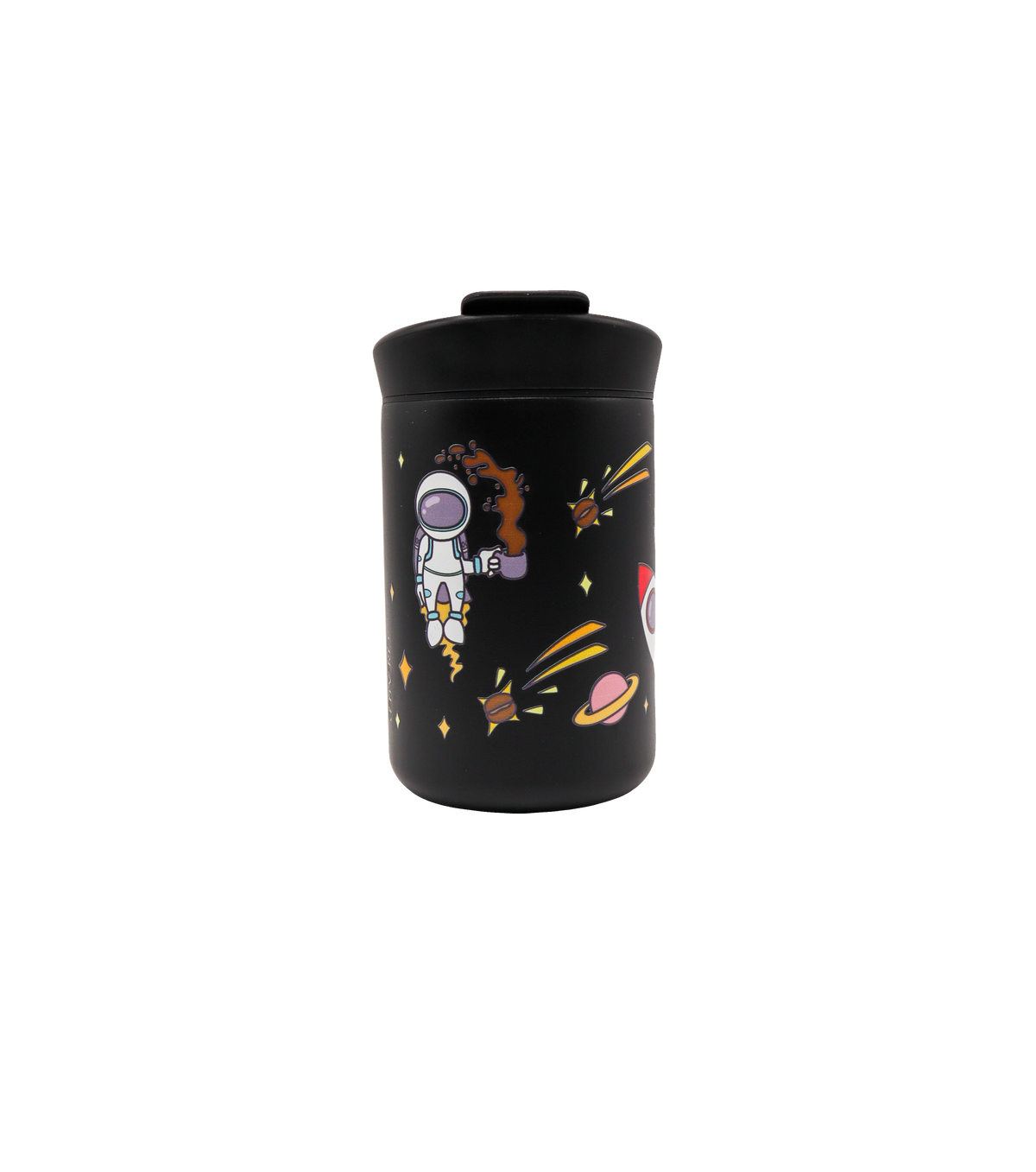 Black tumbler with space-themed design of astronaut, stars, coffee beans as stars, planet and rocket ship on a white background