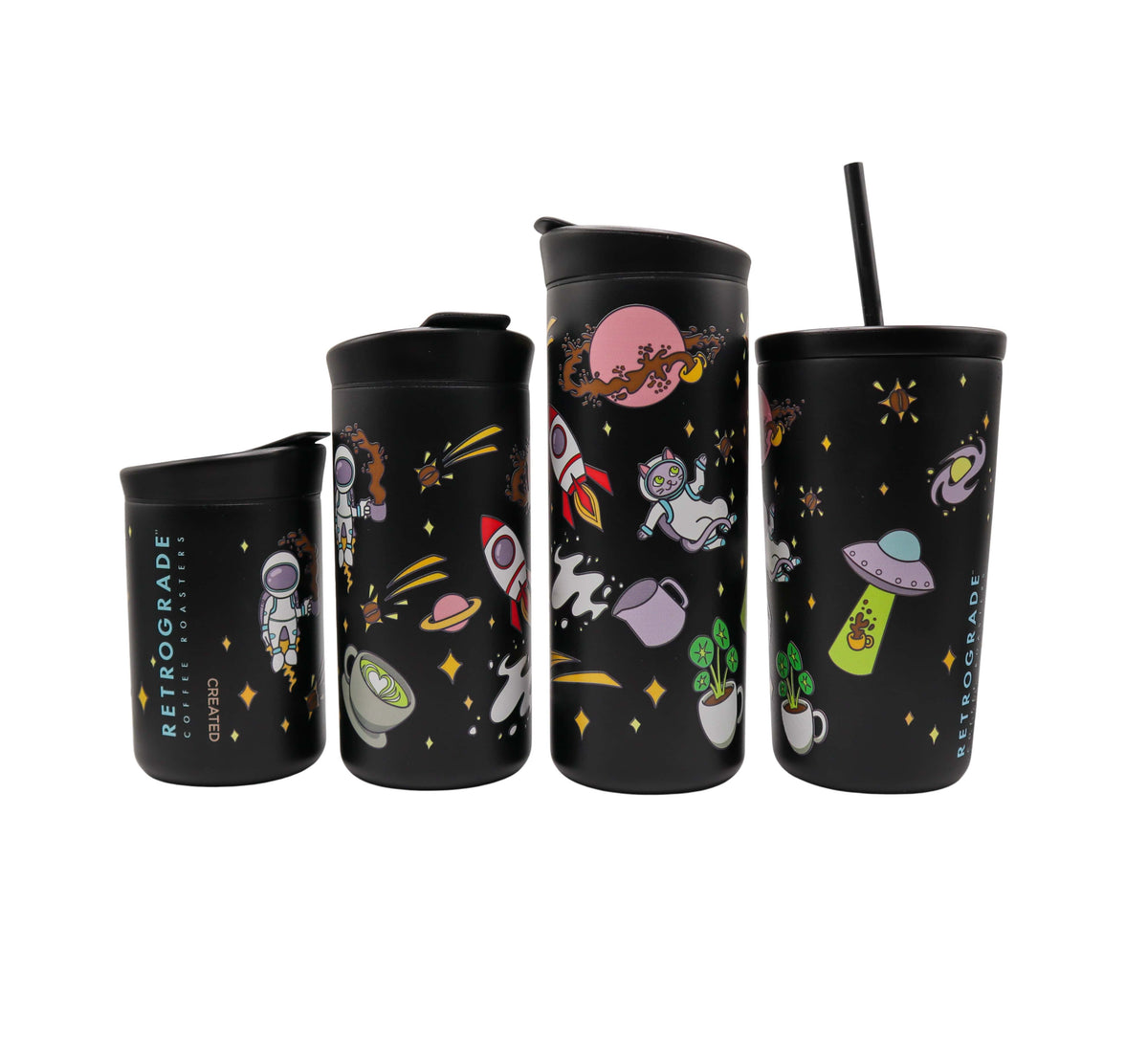 Set of different sizes of black coffee tumblers with space-themed designs on a white background. Coffee tumblers vary in size from 8 oz, 12 oz, 16 oz and a 16 oz cold cup with a straw top lid.