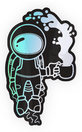Holographic black sticker of an astronaut holding a coffee cup with coffee spilling out of the cup on a white background. 